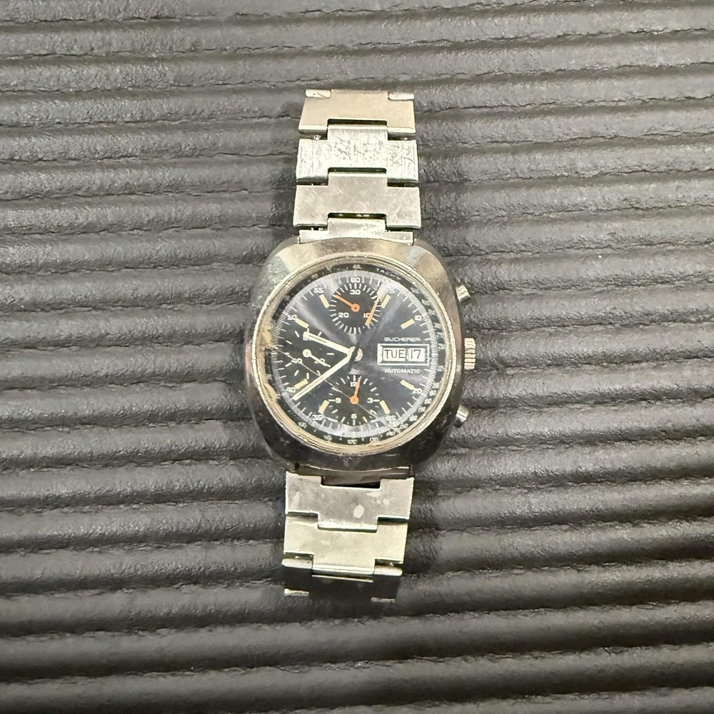 Vintage Bucherer Mens Watch Black Chronograph Day Date Automatic For Parts
